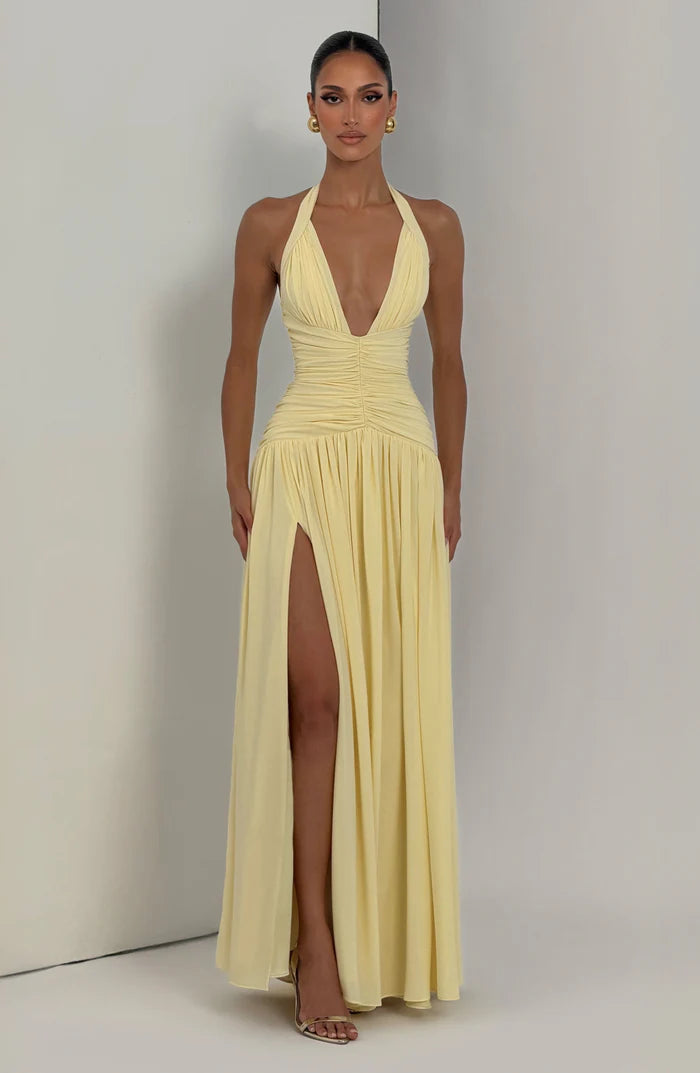 Fließendes Ärmelloses Maxikleid Marineblau Salbei Gelb