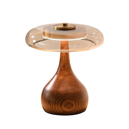 Tischlampe aus Holz und Glas im Vintage-Design