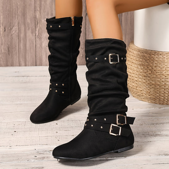 Kniehohe Stiefel mit Zierschnallen und flacher Sohle für Damen