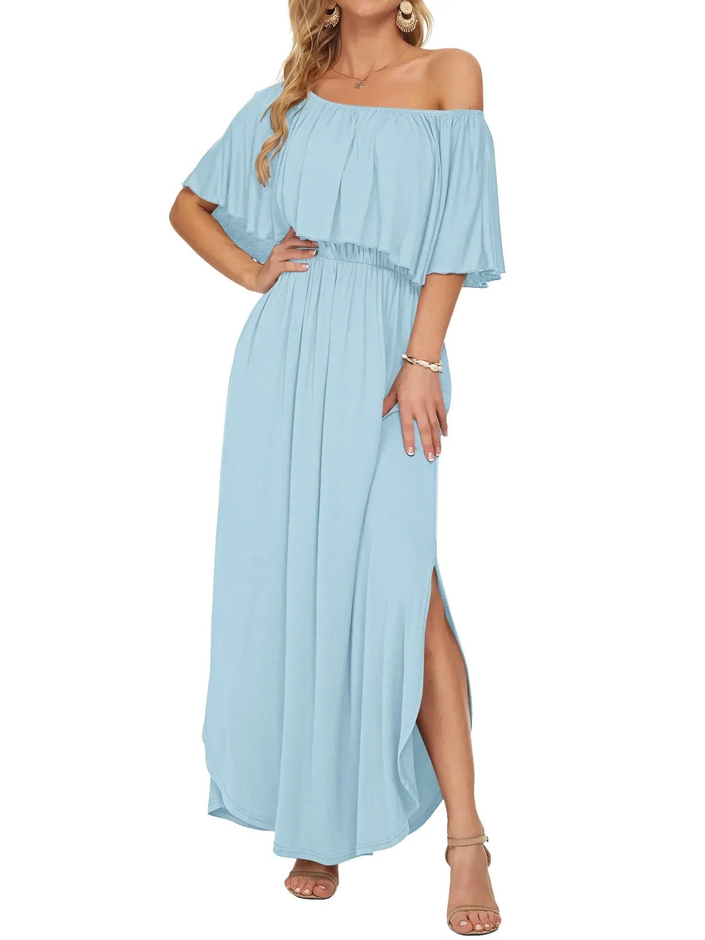 Damen Blumenmuster Schulterfreies Sommer Maxikleid