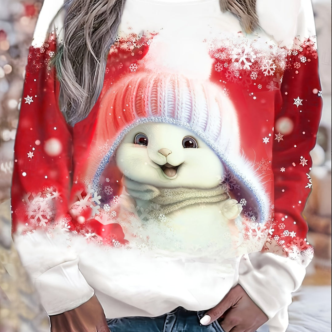 Weihnachtspullover mit Schneeflocken- und Hasenmotiv für Damen