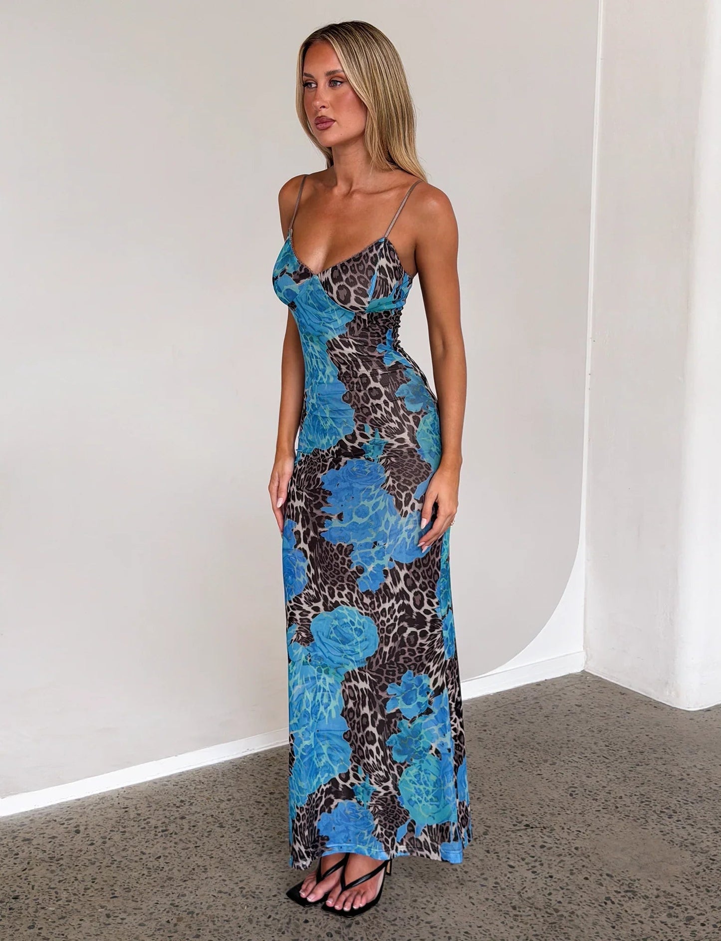 Floral bedrucktes Bodycon-Maxikleid Blau