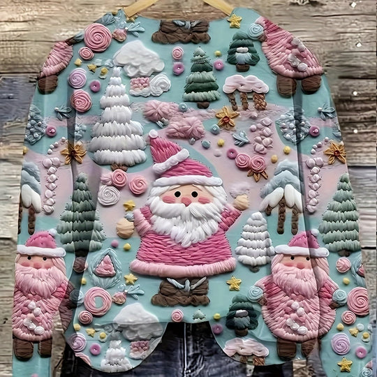 Weihnachtspullover mit buntem Santa- und Tannenbaumdruck für Damen