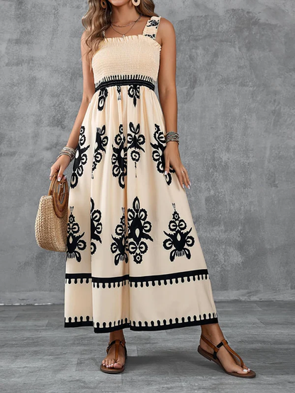 Maxikleid mit geometrischem Muster und Smok-Details