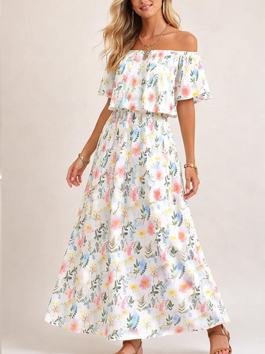 Damen Blumenmuster Schulterfreies Sommer Maxikleid