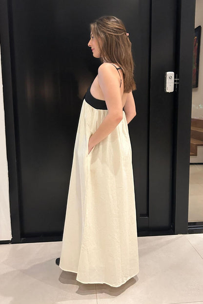 Midikleid aus Leinen-Baumwoll-Mischung für Damen, Schwarz und Weiß