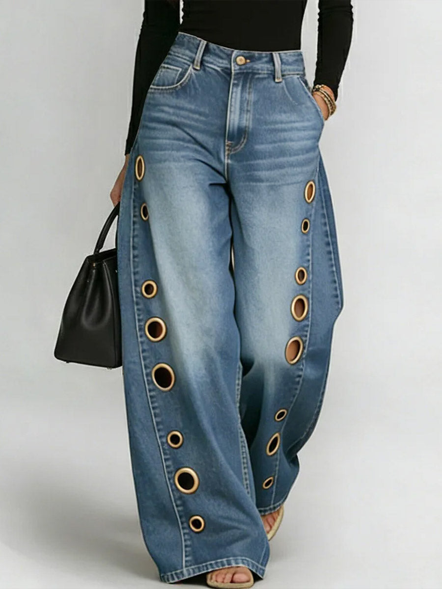 Damen High-Waist Locker Sitzende Weitbein Freizeithose Jeans
