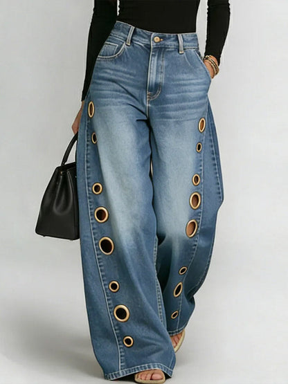 Damen High-Waist Locker Sitzende Weitbein Freizeithose Jeans