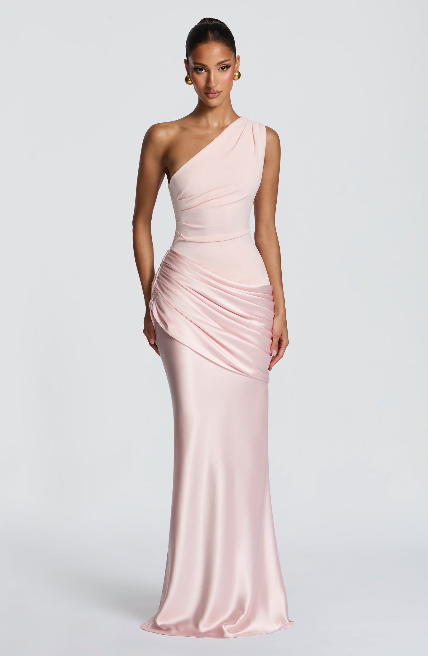 Ein-Schulter Crepe Satin Maxikleid Damen