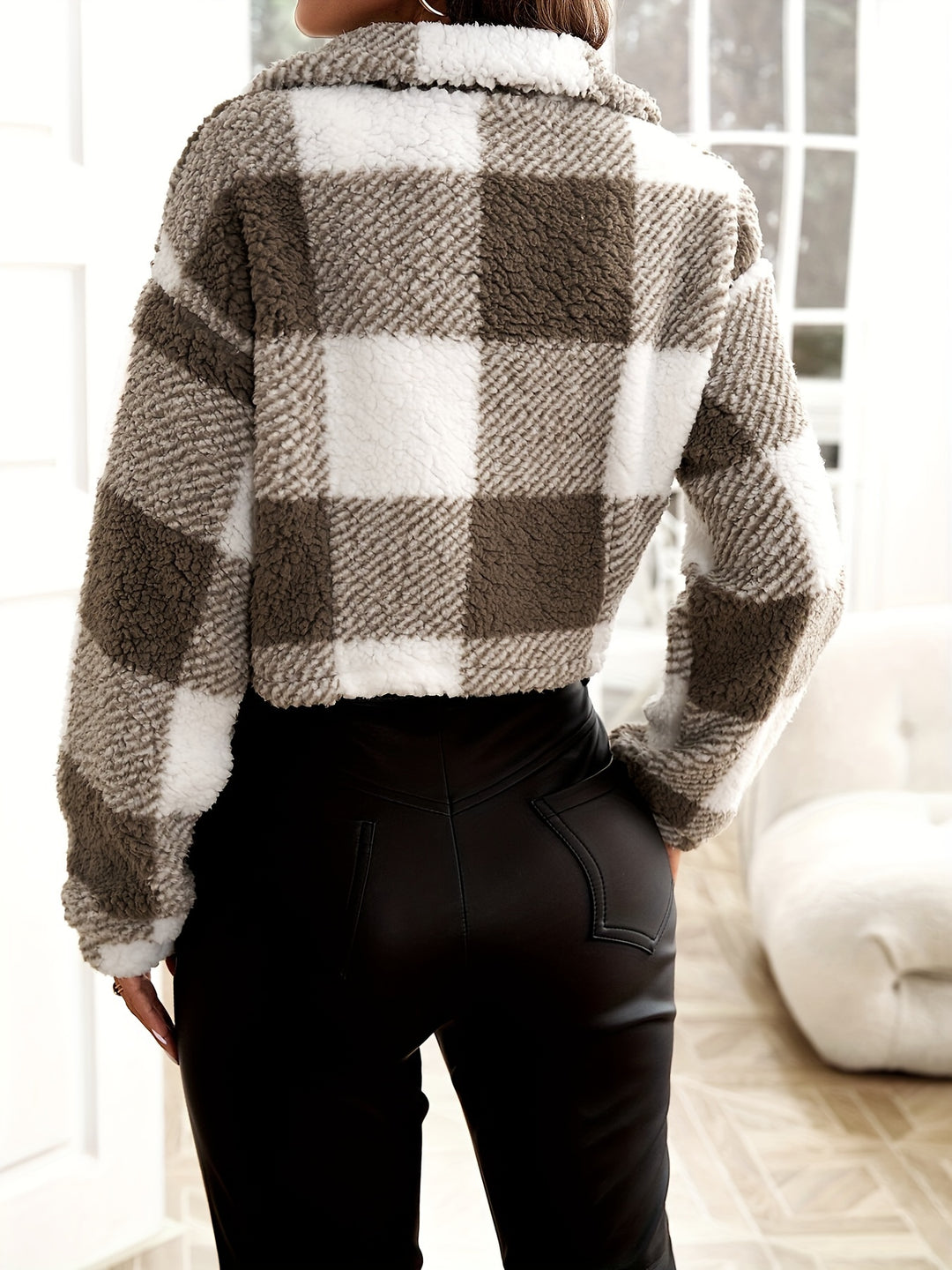 Karierte Teddyjacke mit Reißverschluss für Damen