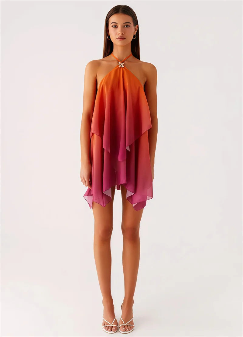 Pinkes Ombré Rüschendesign Mini Kleid