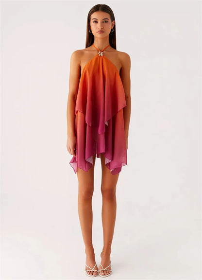 Pinkes Ombré Rüschendesign Mini Kleid