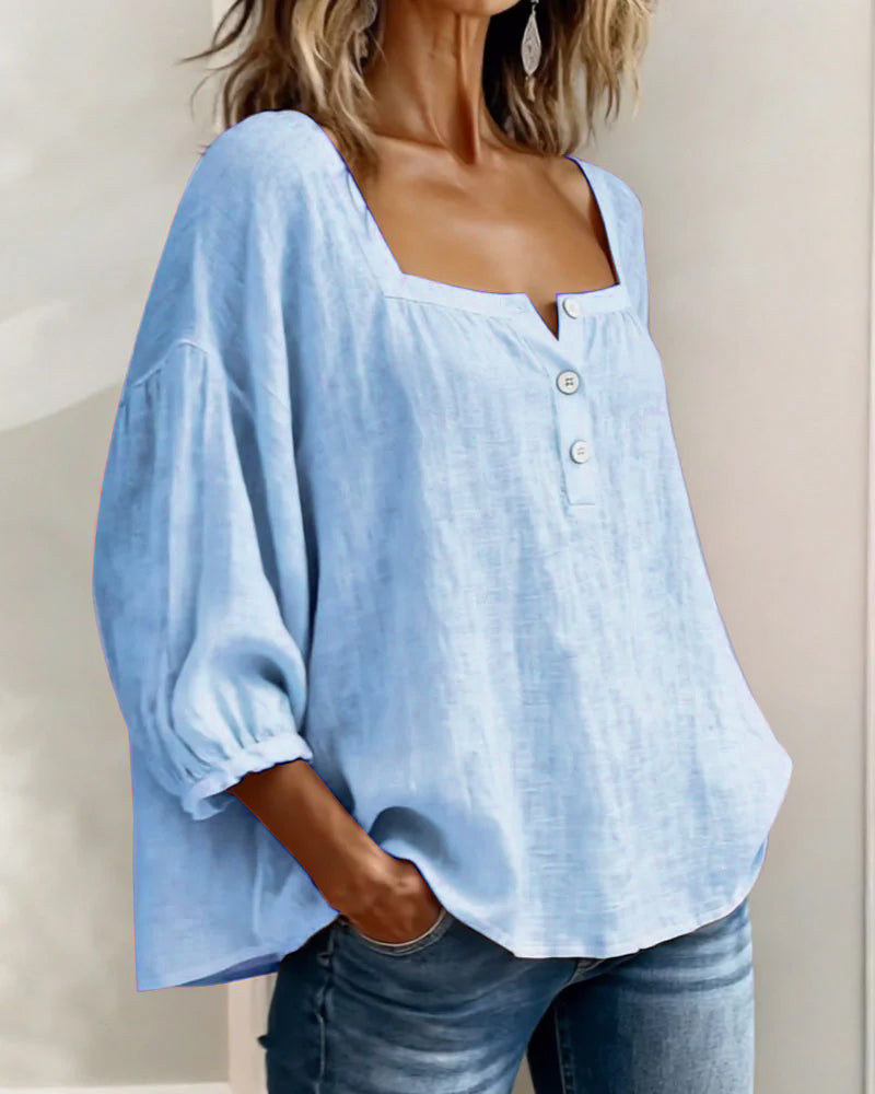 Leinenbluse mit quadratischem Ausschnitt und Puffärmeln