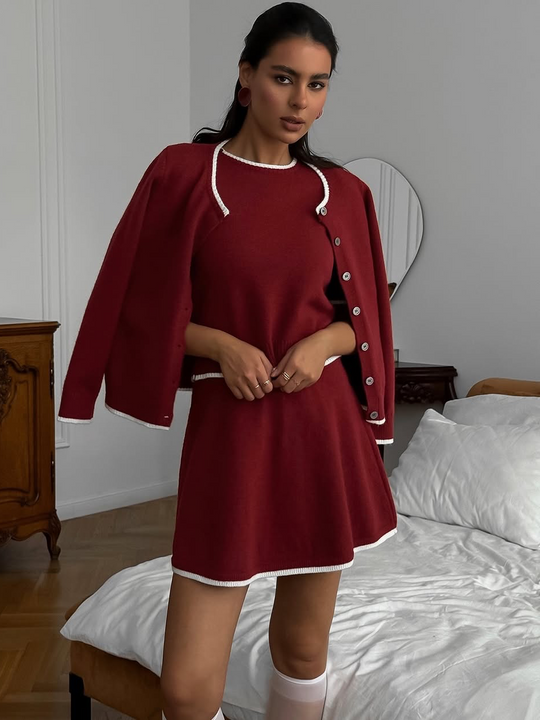 Damen Strick Set Dreiteilig Mit Blazer Top Und Rock