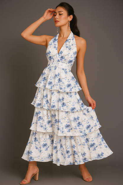 Maxikleid mit Neckholder, gestuftem Blumenmuster, Rüschen und Taillendetail