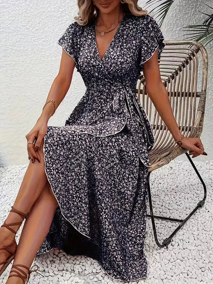 Midi-Wickelkleid mit Blumenmuster und asymmetrischem Saum