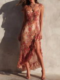 Asymmetrisches Kleid mit Blumenmuster, Rüschen und Seitenschlitz
