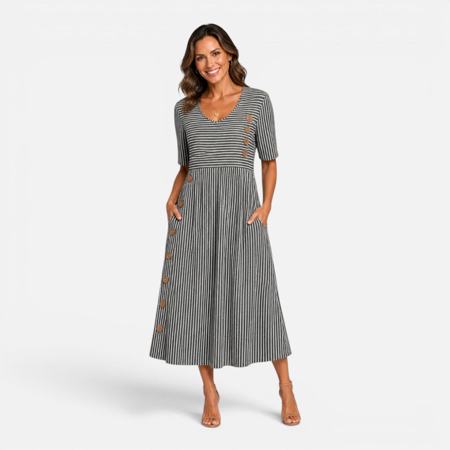 Gestreiftes Midikleid für Damen mit Knopfdetails und Taschen