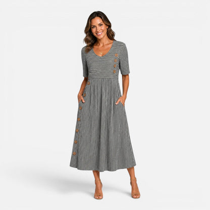 Gestreiftes Midikleid für Damen mit Knopfdetails und Taschen