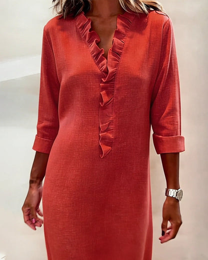 Leinenmischgewebe Kleid mit Volant und geradem Schnitt