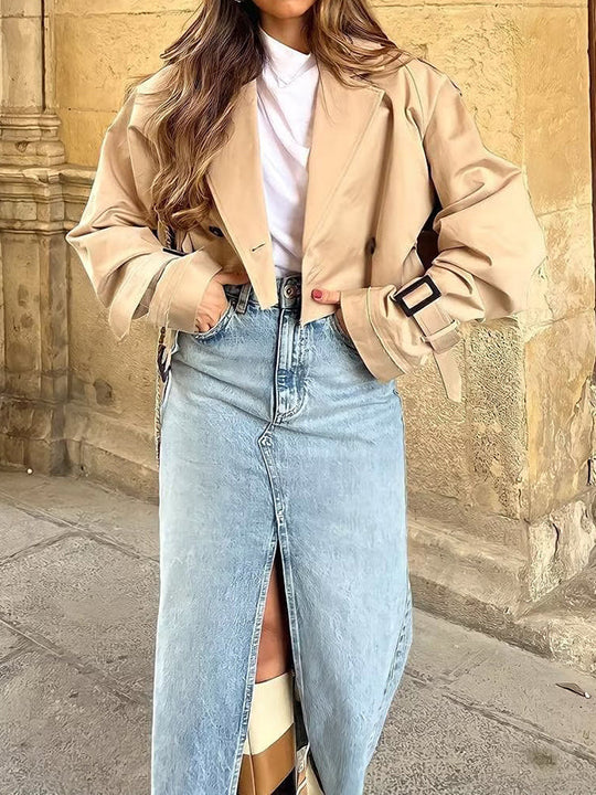 Damen Trenchjacke Kurz Mit Reverskragen