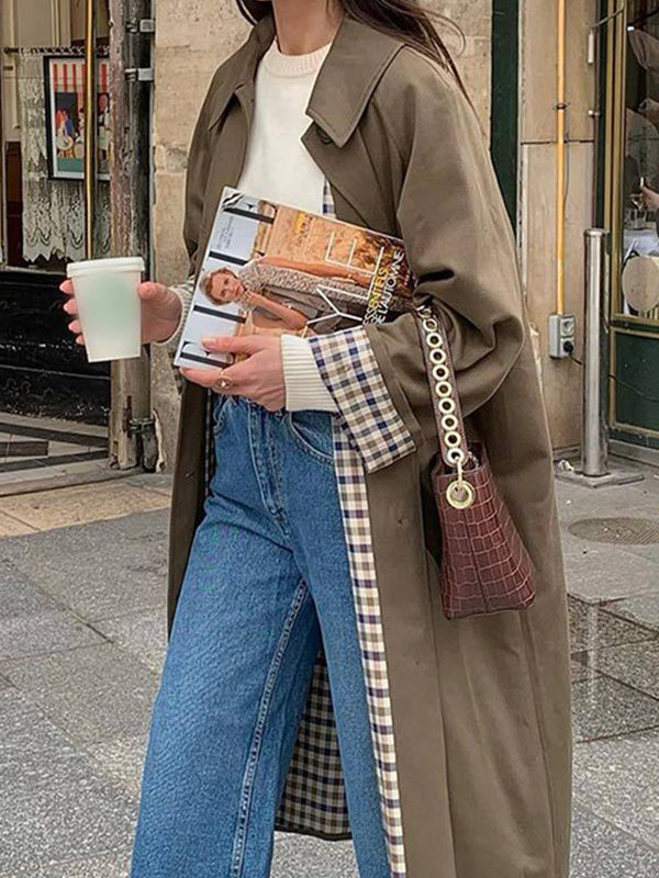Damen Trenchcoat Mit Karomuster Und Reverskragen