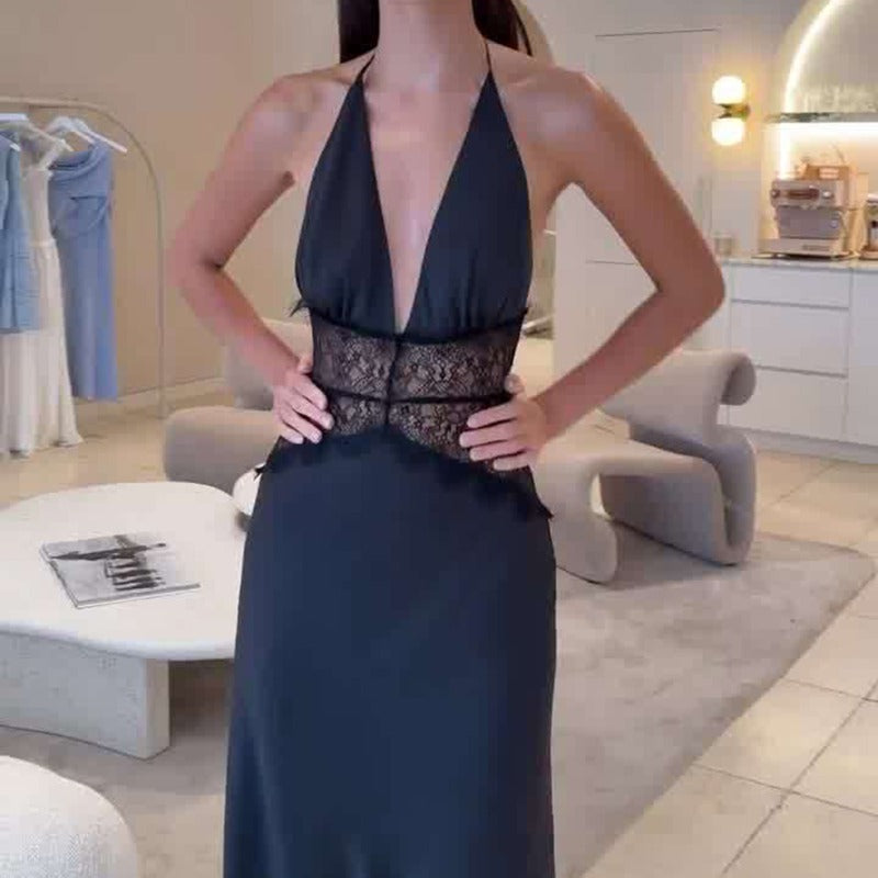 Maxikleid mit Neckholder, Spitzen-Detail, Rückenfrei, Ärmellos, festliches Kleid
