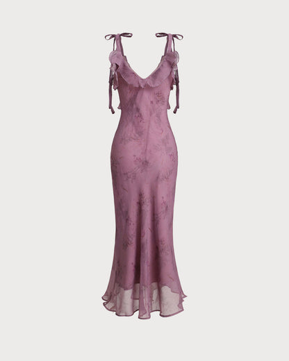 Fliederfarbenes Midi-Kleid mit Blumenmuster, Rüschen und Bindeträgern