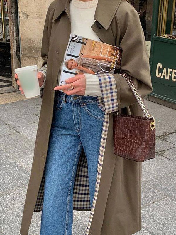 Damen Trenchcoat Mit Karomuster Und Reverskragen