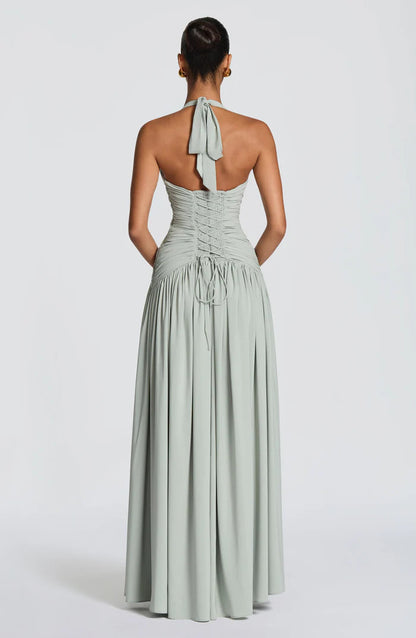 Fließendes Ärmelloses Maxikleid Marineblau Salbei Gelb