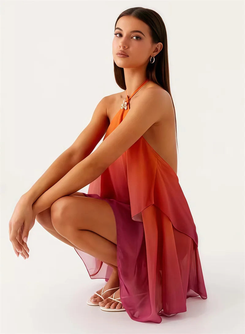Pinkes Ombré Rüschendesign Mini Kleid