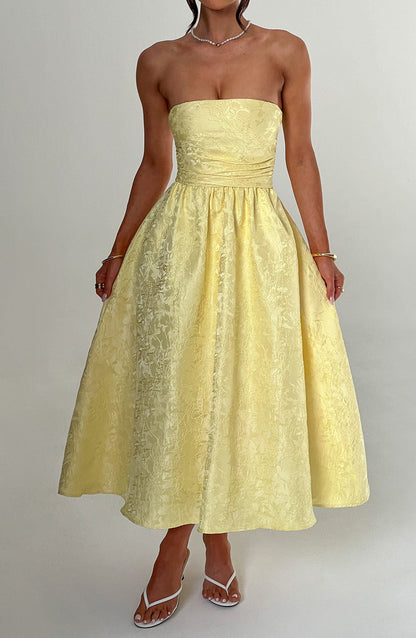 Blumiges Jacquard-Trägerloses Midikleid Zitrone
