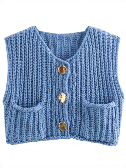 Damen Strickweste Ärmellos Mit Knöpfen Und Taschen