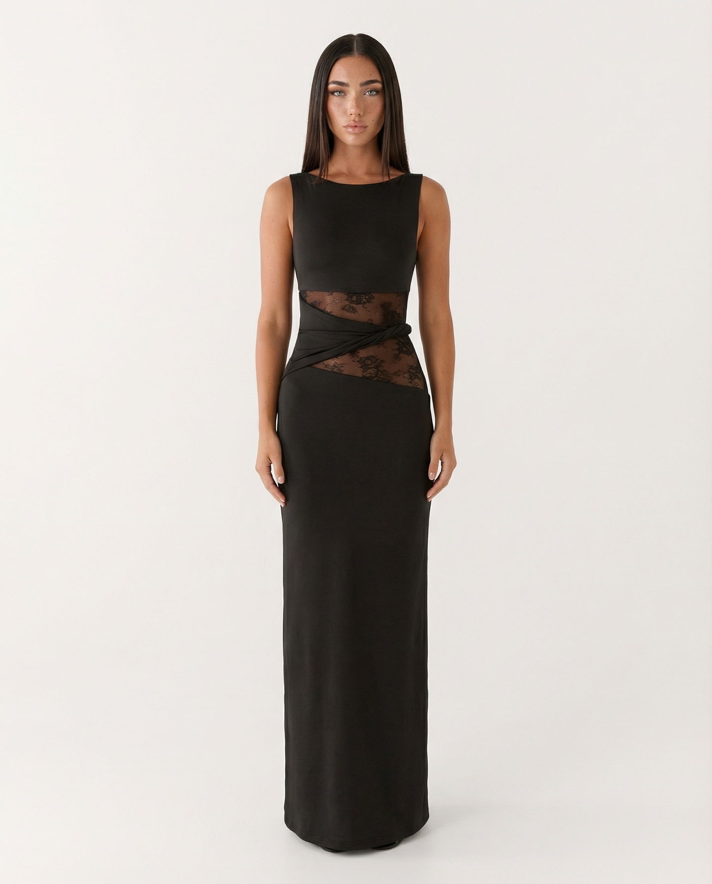 Maxikleid aus Jersey mit Spitze und Transparentdetails