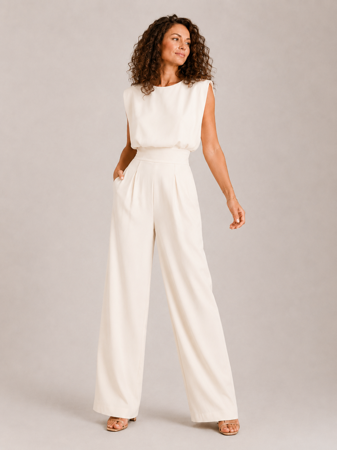 Ärmelloser knitterfreier Jumpsuit mit geradem Bein