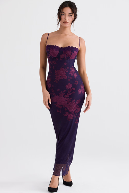 Durchsichtiger Mesh-Blumenmuster Bodycon Maxikleid Lila
