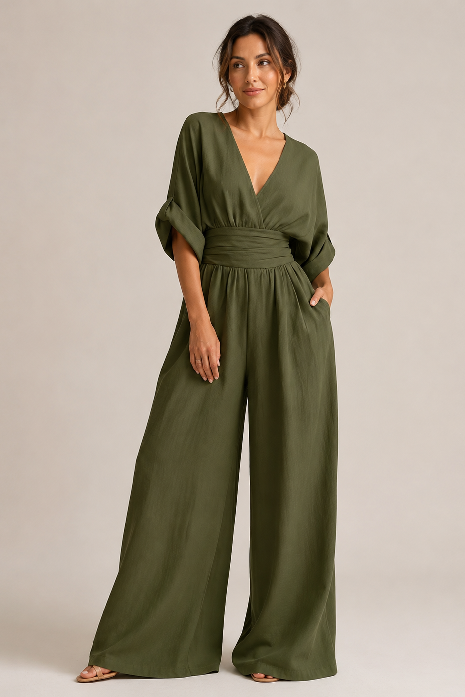 Weitbeiniger Micro-Elastischer Jumpsuit mit Dreiviertelärmeln