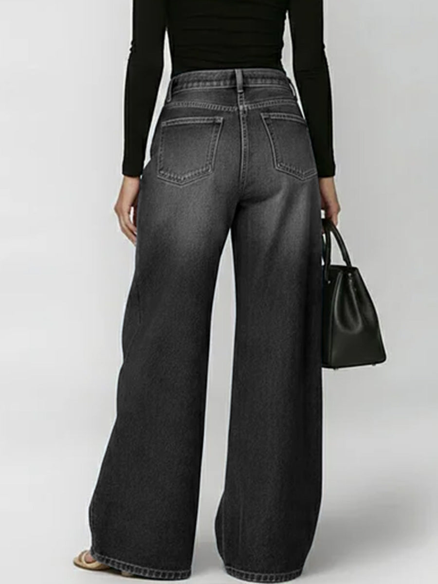 Damen High-Waist Locker Sitzende Weitbein Freizeithose Jeans