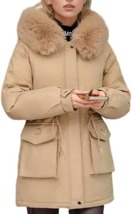 Damen Winterjacke Mit Abnehmbarem Kunstpelz Und Kapuze