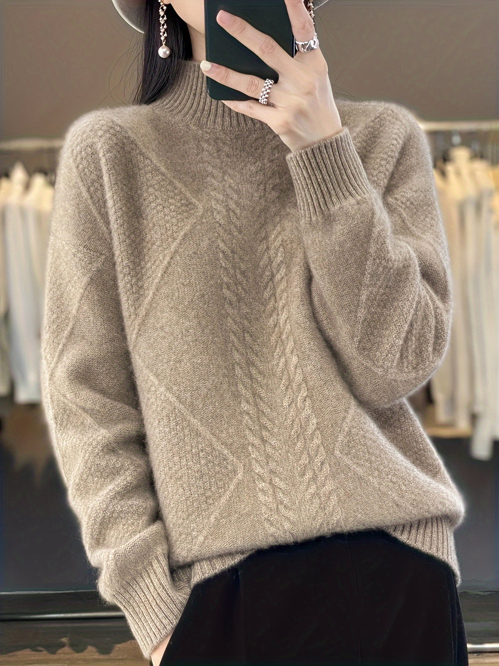 Strickpullover mit halbem Stehkragen und Zopfmuster für Damen