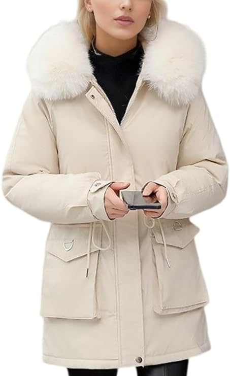 Damen Winterjacke Mit Abnehmbarem Kunstpelz Und Kapuze