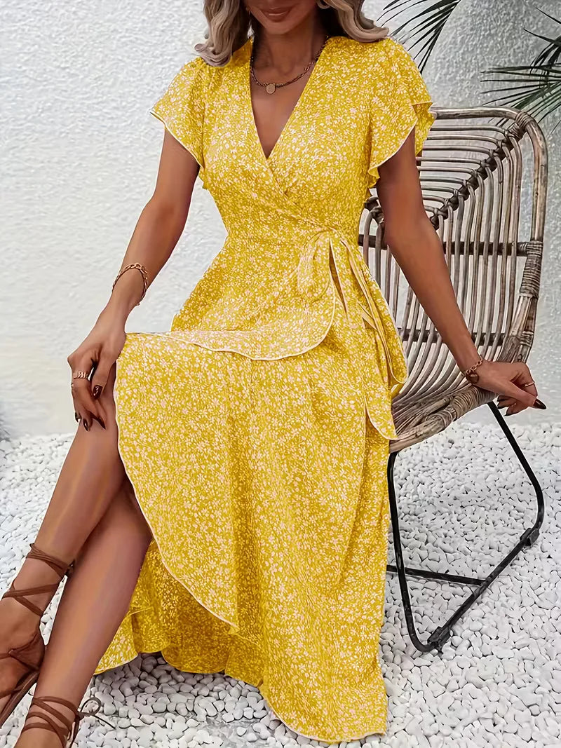 Midi-Wickelkleid mit Blumenmuster und asymmetrischem Saum