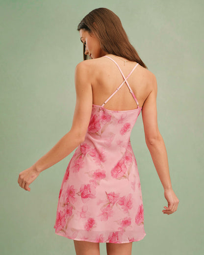 Floral Print Chiffon Wasserfallausschnitt Slip Minikleid Rosa