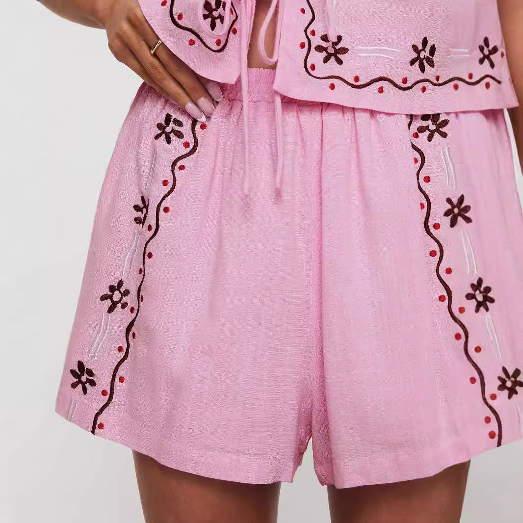 Damen luftiges zweiteiliges Sommer-Set mit Blumenstickerei