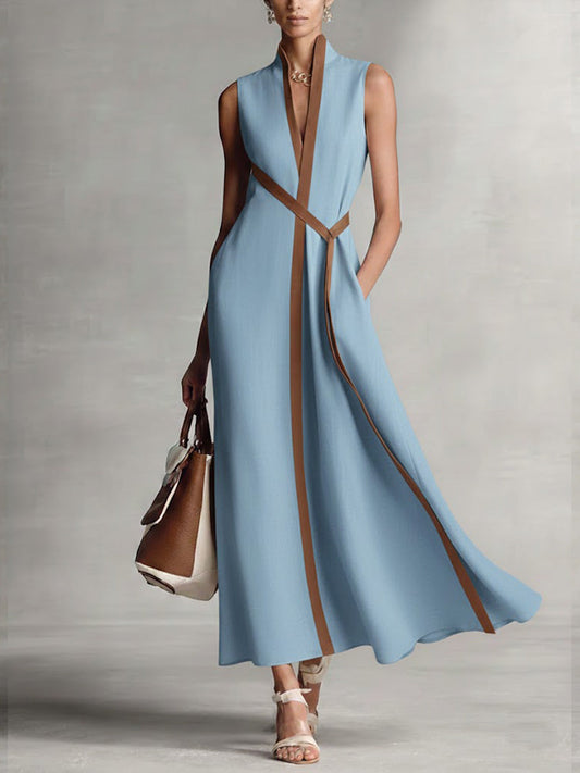 Ärmelloses Damenkleid mit Stehkragen aus Baumwoll-Leinen, Freizeitkleid