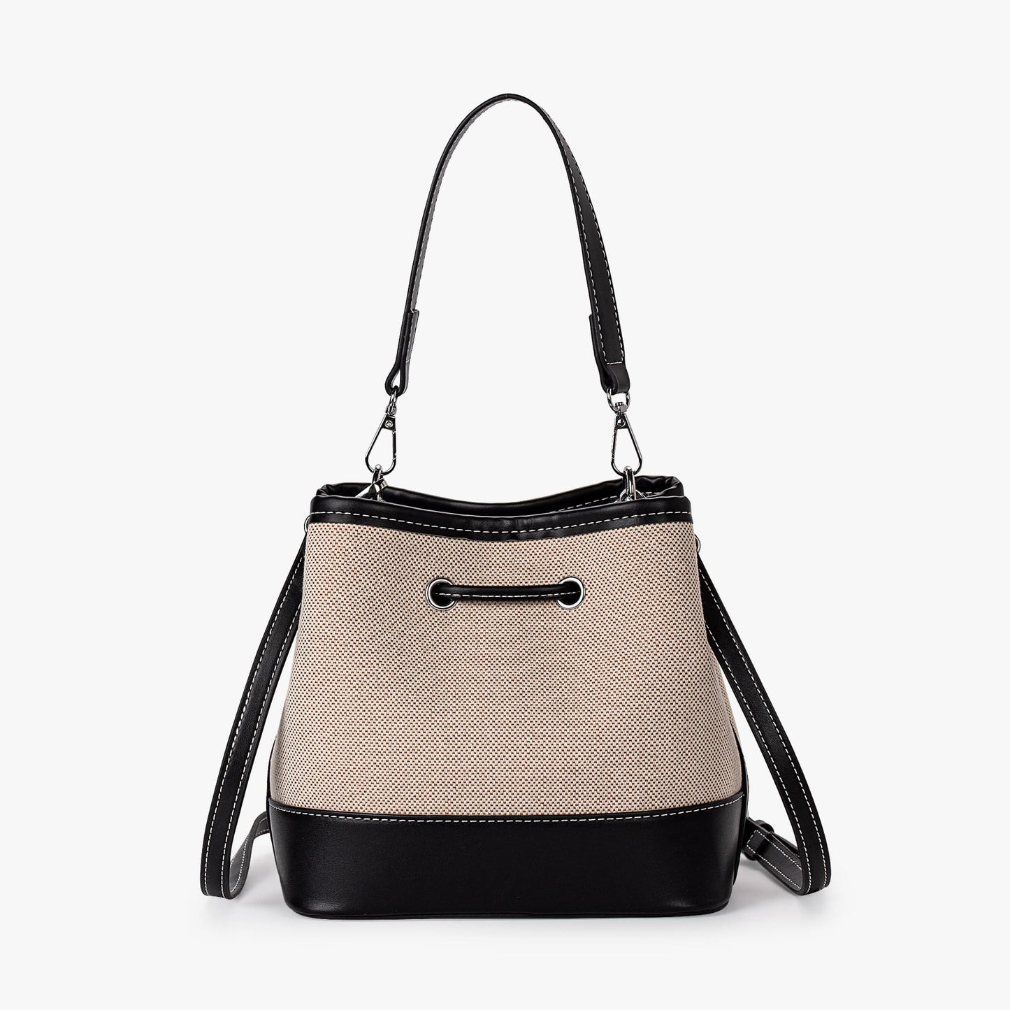 Canvas-Eimer-Tasche mit veganem Lederbesatz und Kordelverschluss