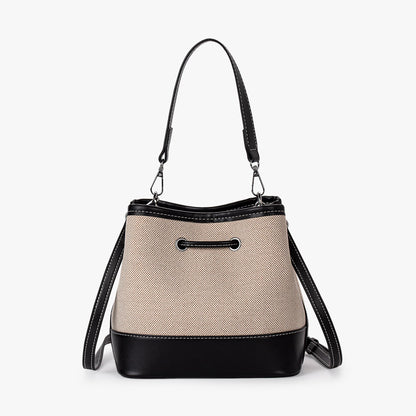 Canvas-Eimer-Tasche mit veganem Lederbesatz und Kordelverschluss
