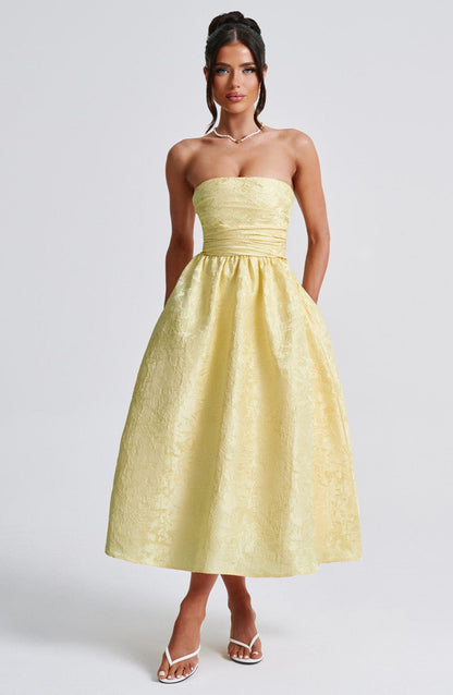 Blumiges Jacquard-Trägerloses Midikleid Zitrone