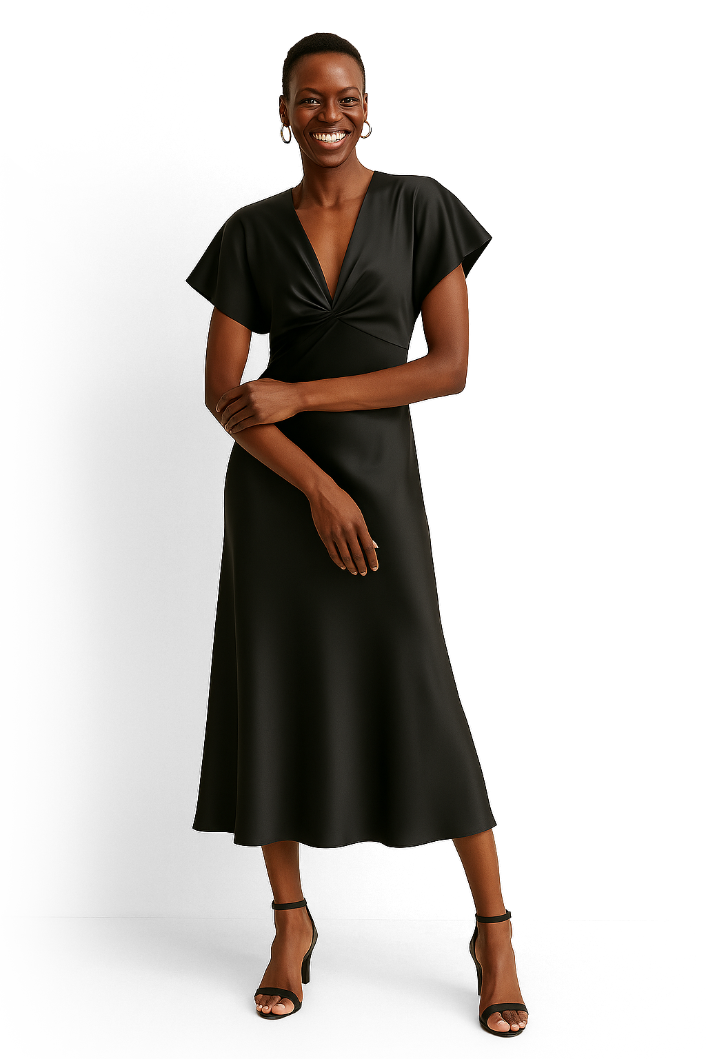 Satin Midikleid Schwarz Halbarm