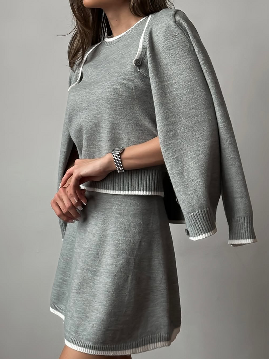 Damen Strick Set Dreiteilig Mit Blazer Top Und Rock